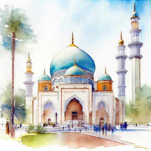 Foto ilustração em aquarela de mesquita islâmica no fundo branco