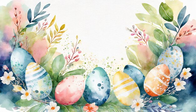 Ilustração em aquarela de ovos de Páscoa, flores de primavera e ramos folhosos