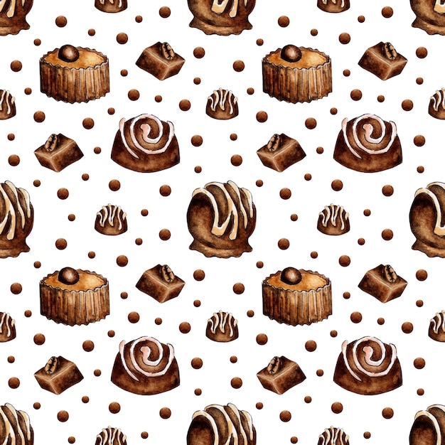 Ilustração em aquarela de padrão de doces de chocolate. prin de doçura de repetição perfeita. design para as férias. isolado em um fundo branco. desenhado à mão.