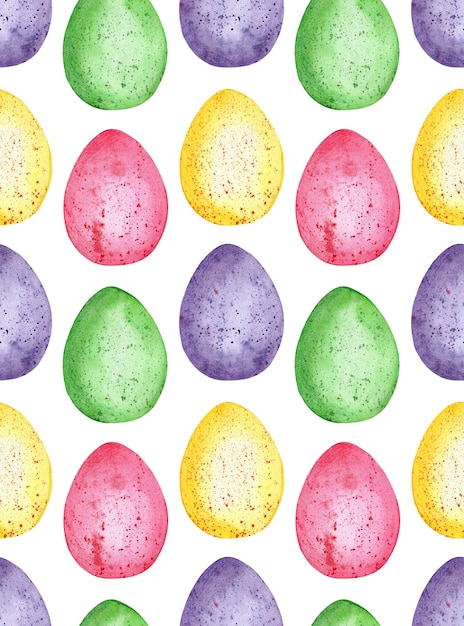 Foto ilustração em aquarela de padrão sem emenda de ovos de páscoa. impressão interminável de ovos coloridos. páscoa, religião, tradições. isolado sobre fundo branco. desenhado à mão.