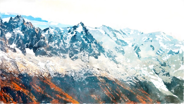 Foto ilustração em aquarela de paisagem de montanha nevada