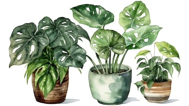 Ilustração em aquarela de planta de casa em vaso Generative Ai