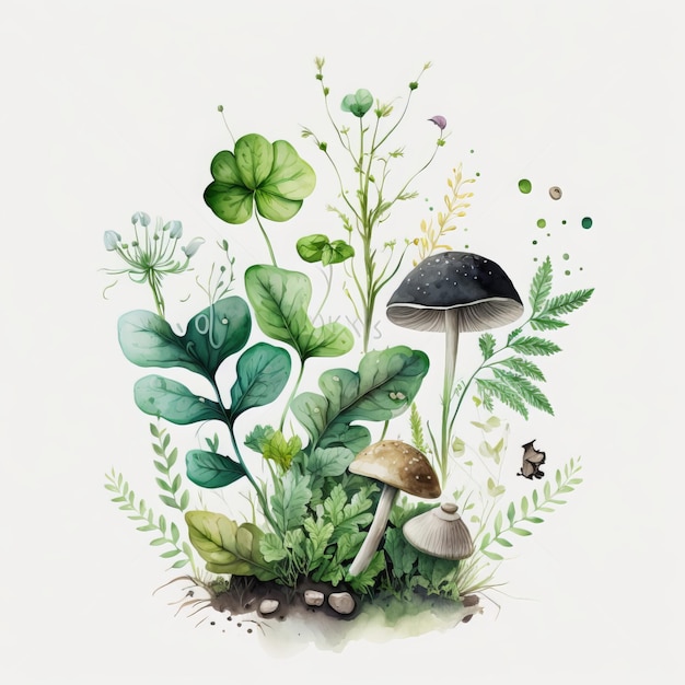 Ilustração em aquarela de plantas de trevo de quatro folhas com cogumelos