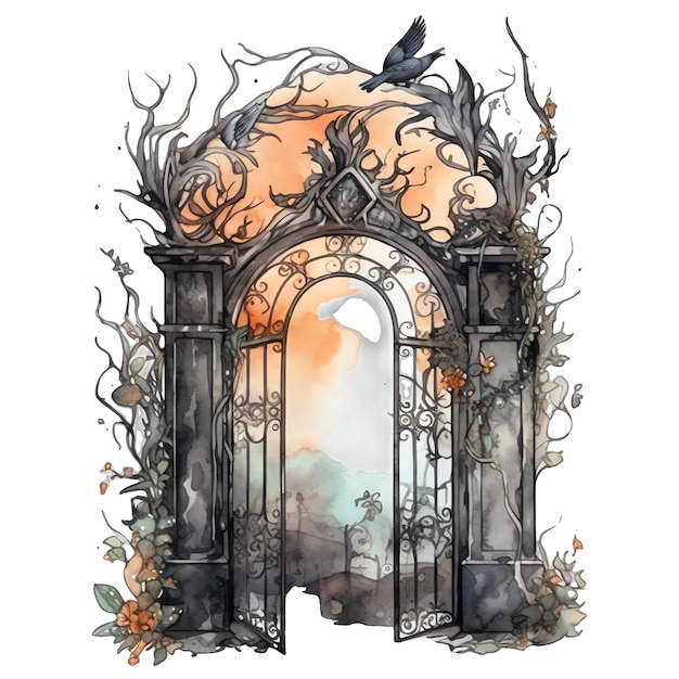 Ilustração em aquarela de porta gótica