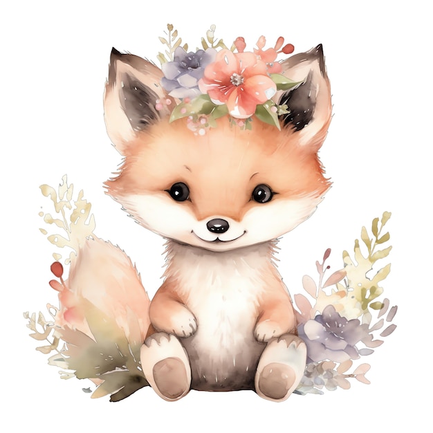 Ilustração em aquarela de raposa floral bebê fofo