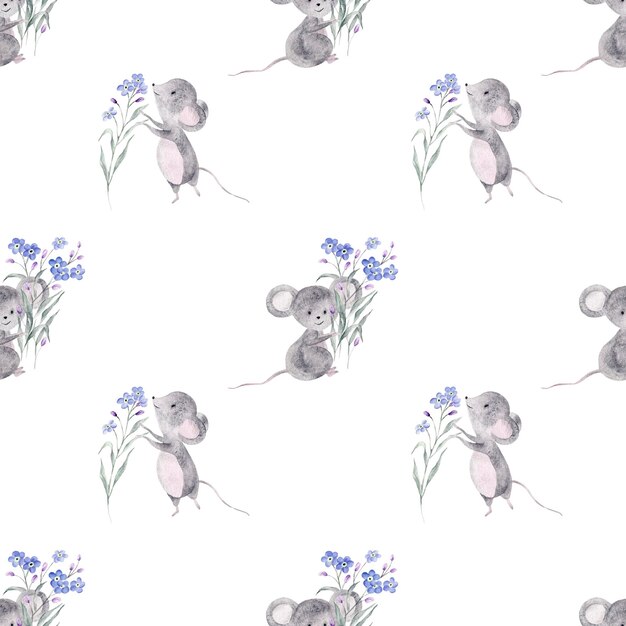 Ilustração em aquarela de ratos de desenho animado com não me esqueça de movimento Sute Padrão sem emenda de aquarela