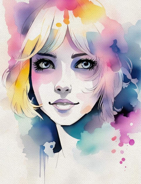 Ilustração em aquarela de retrato bonito de garota de anime