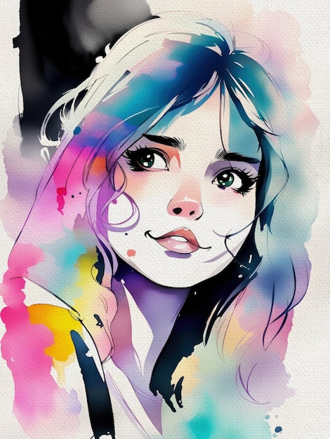 Ilustração em aquarela de retrato bonito de garota de anime