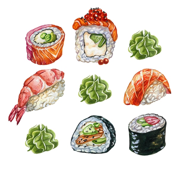 Ilustração em aquarela de rolos e comida japonesa de sushi