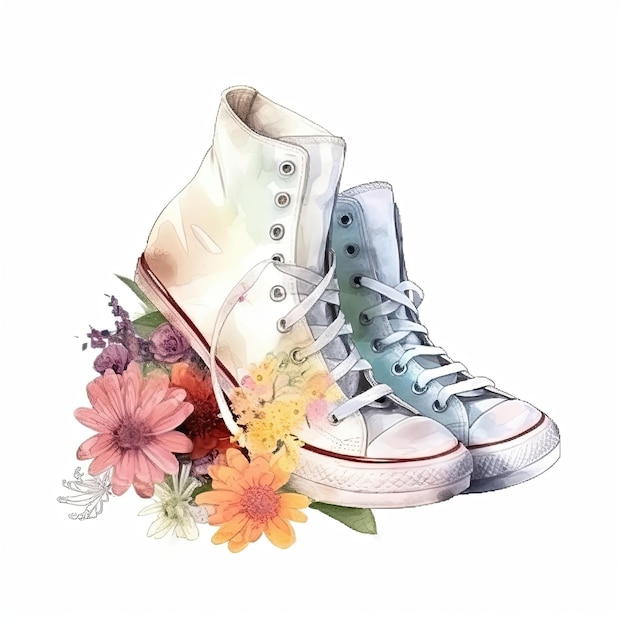 Ilustração em aquarela de sapatos converse com flores