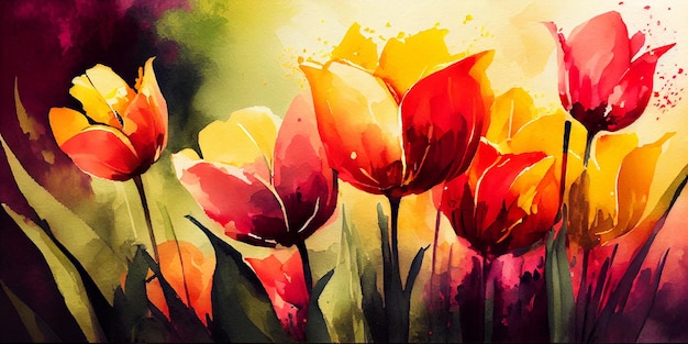 ilustração em aquarela de tulipas brilhantes e coloridas. Fundo de flores de tulipas.