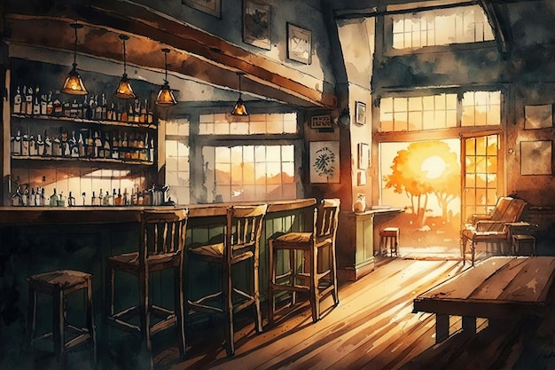 ilustração em aquarela de um bar dentro