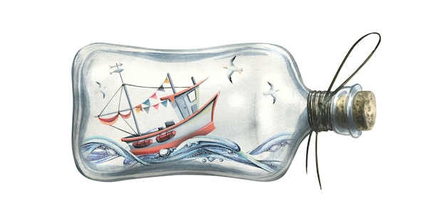 Ilustração em aquarela de um barco de pesca na água com gaivotas dentro de uma garrafa de vidro para o design e decoração de cartões postais cartazes banners spas papéis de parede lembranças