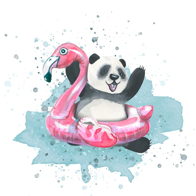 Ilustração em aquarela de um bebê panda tomando banho em um círculo inflável de flamingo rosa Salpicos de água em um fundo azul Para decoração de design de cartões postais banners lembranças pôsteres impressões