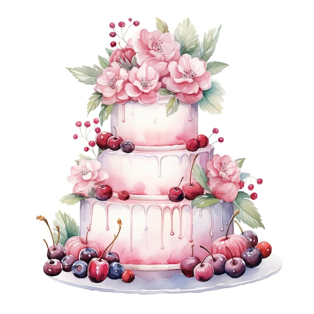 ilustração em aquarela de um belo bolo de casamento com flores cor-de-rosa e cereja em fundo branco