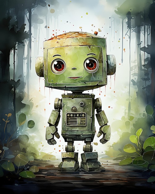 Ilustração em aquarela de um bonito robô verde na floresta Ilustração para cartaz de livro infantil