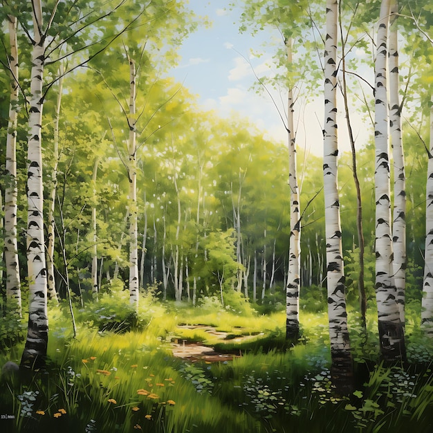 Ilustração em aquarela de um bosque de bétulas com bétulas brancas e flores silvestres