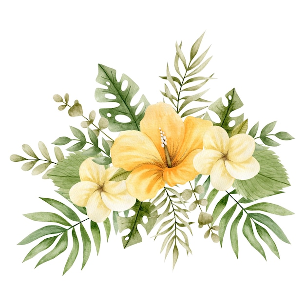 Ilustração em aquarela de um buquê de flores tropicais. arranjo de flores