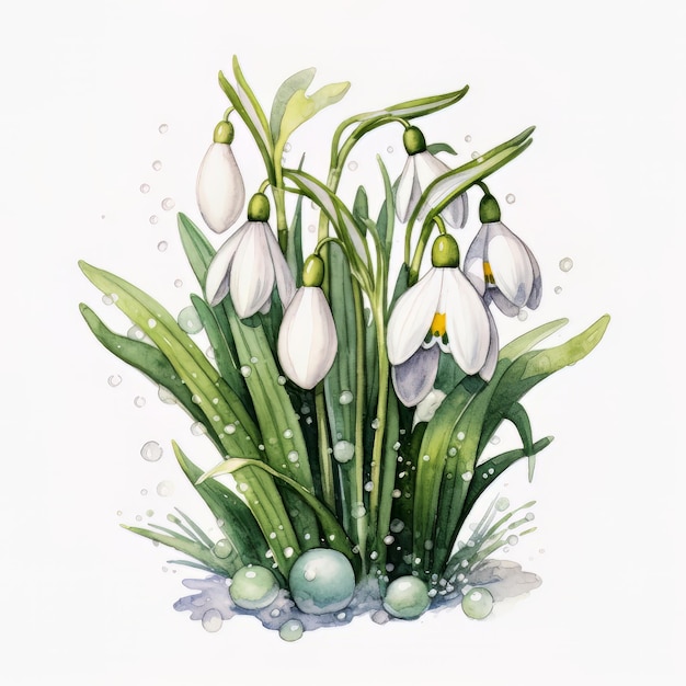 Ilustração em aquarela de um buquê de snowdrops em um fundo branco