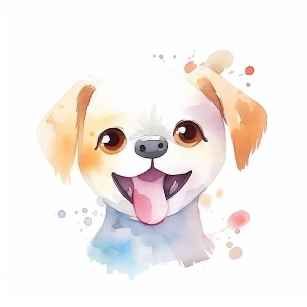 Ilustração em aquarela de um cachorro com camisa azul e língua rosa.