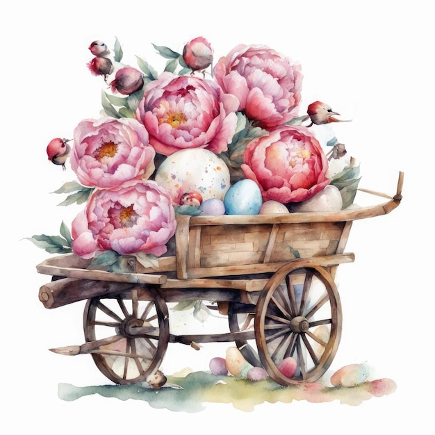 Ilustração em aquarela de um carrinho de madeira com ovos de Páscoa e peônias