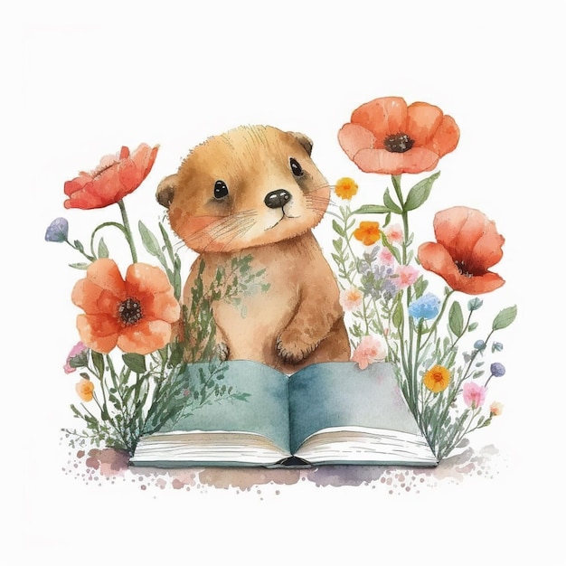 Ilustração em aquarela de um castor lendo um livro