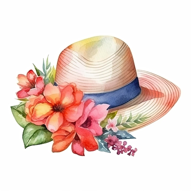 Foto ilustração em aquarela de um chapéu com flores