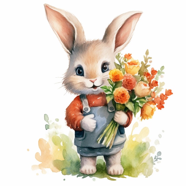 Ilustração em aquarela de um coelho com um buquê de flores