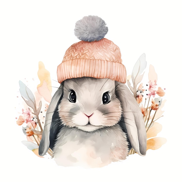 Ilustração em aquarela de um coelho com um gorro em aquarela clipart