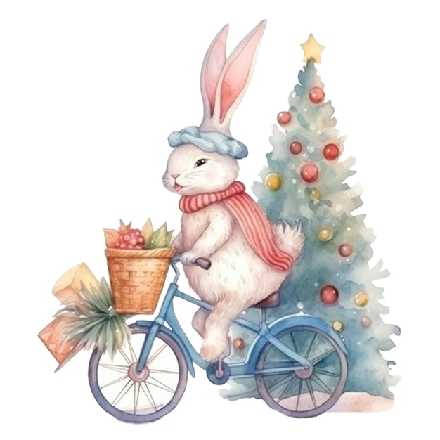 Ilustração em aquarela de um coelho em uma bicicleta com uma árvore de natal ao fundo