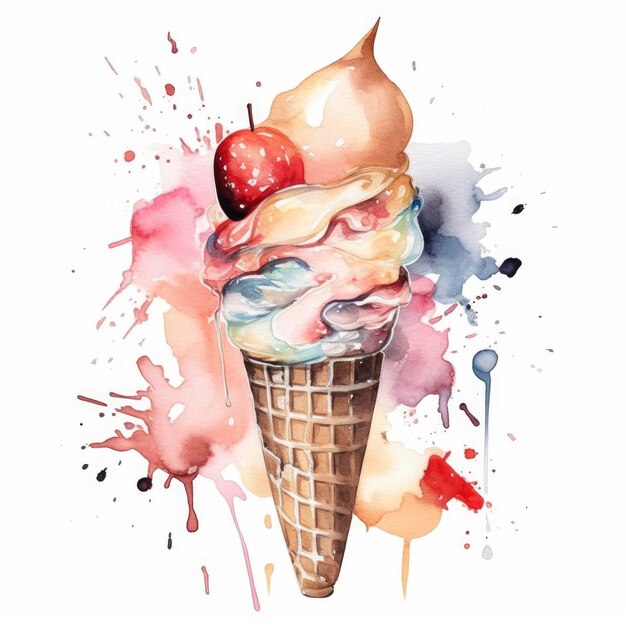 Ilustração em aquarela de um cone de waffle com cobertura de morango e morango.