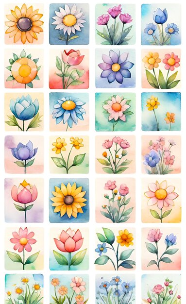 Foto ilustração em aquarela de um conjunto de flores para decoração de quadrados com padrões sem costura de flores