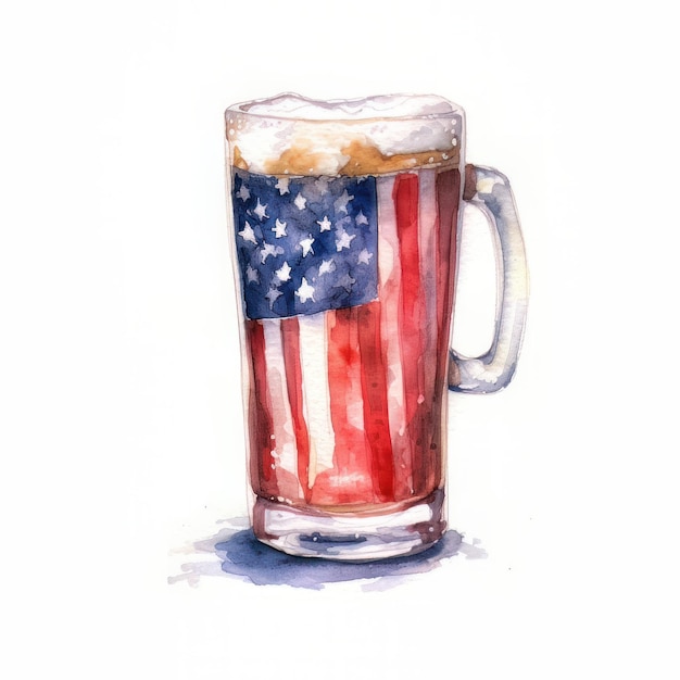 Ilustração em aquarela de um copo com bandeira americana em um fundo branco