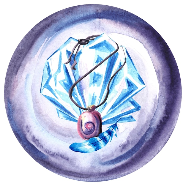 Ilustração em aquarela de um cristal azul com uma pena e um amuleto em uma bola de cristal