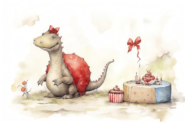 Ilustração em aquarela de um dinossauro bonito com balões coloridos cartaz de felicitações de aniversário para crianças Imagem gerada por IA processada em fundo branco