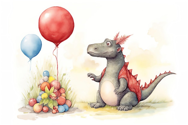 Ilustração em aquarela de um dinossauro bonito com balões coloridos cartaz de felicitações de aniversário para crianças Imagem gerada por IA processada em fundo branco