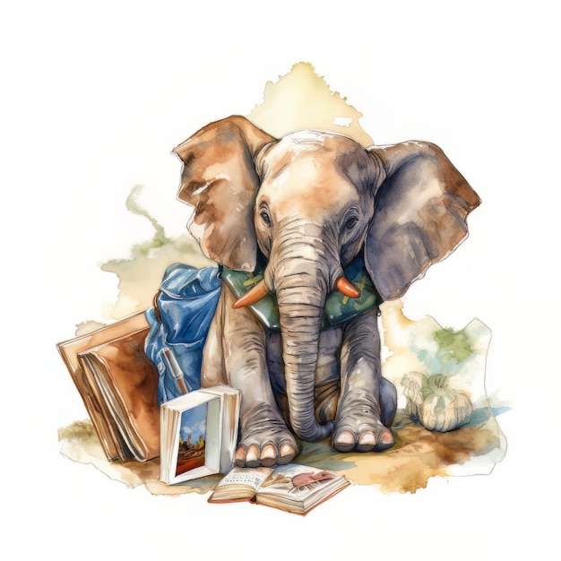Ilustração em aquarela de um elefante lendo um livro e um menino lendo um livro