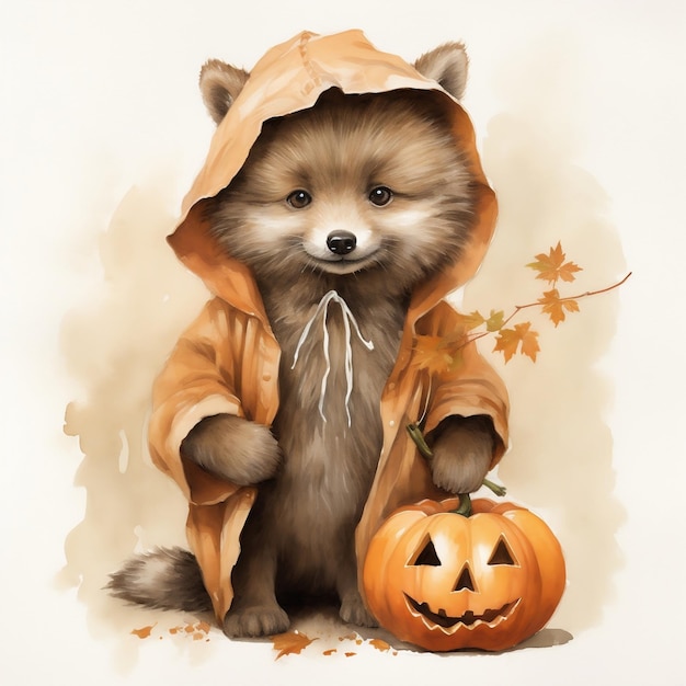 Ilustração em aquarela de um filhote de lobo vestindo uma fantasia de abóbora de Halloween