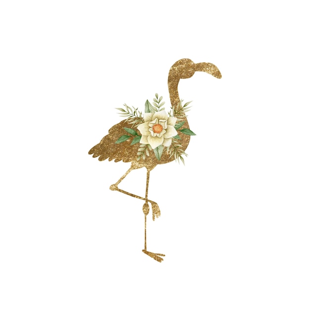 Ilustração em aquarela de um flamingo dourado e um buquê de flores e folhas tropicais.