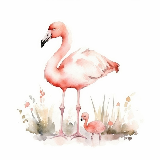 Ilustração em aquarela de um flamingo e seu bebê.