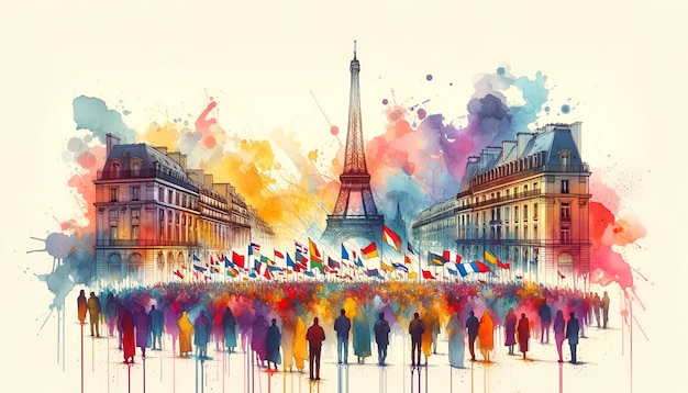 Ilustração em aquarela de um grande grupo de pessoas com bandeiras em Paris