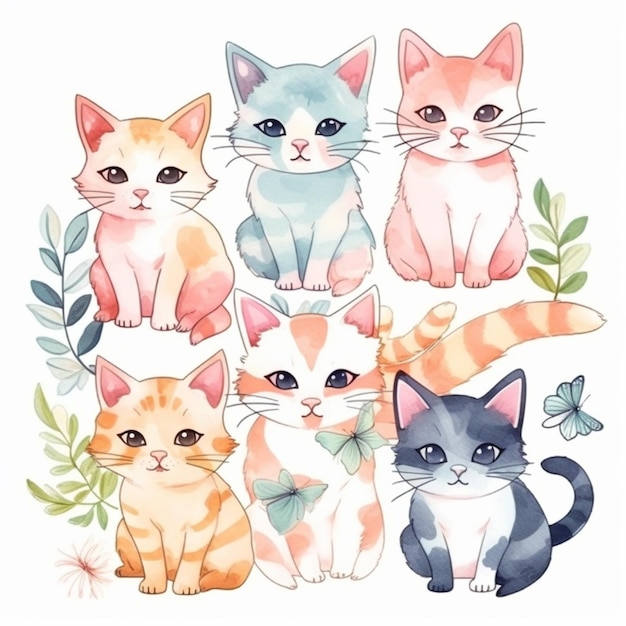 Ilustração em aquarela de um grupo de gatos