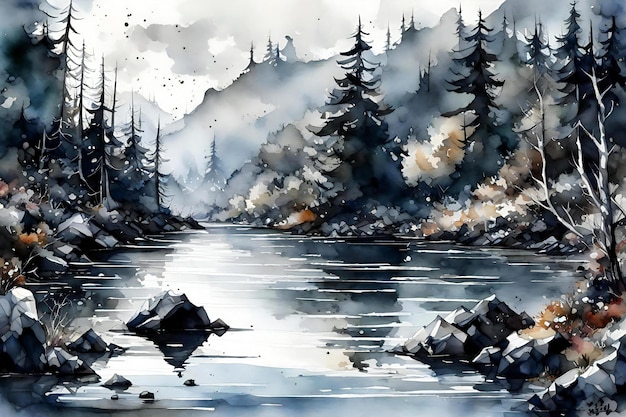 Ilustração em aquarela de um lago de montanha com floresta de coníferas