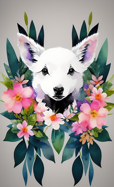 ilustração em aquarela de um lindo animal fofo com flores