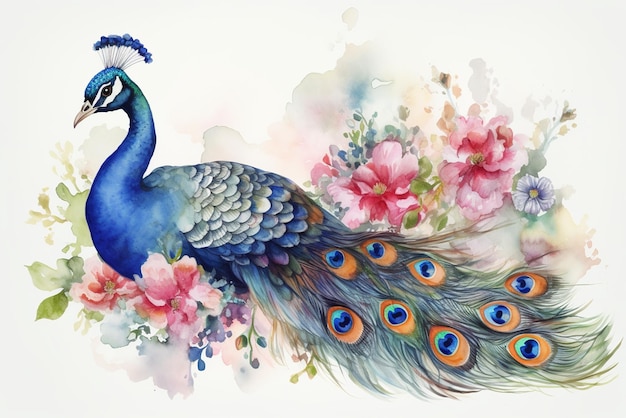 Ilustração em aquarela de um lindo pavão cercado por flores e salpicos de tinta aquarela sobre fundo branco IA generativa