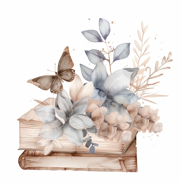 Foto ilustração em aquarela de um livro de contos de fadas vintage com flores e borboletas