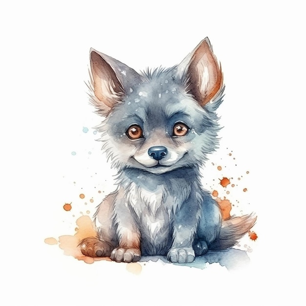 Ilustração em aquarela de um lobo fofo isolado no fundo branco