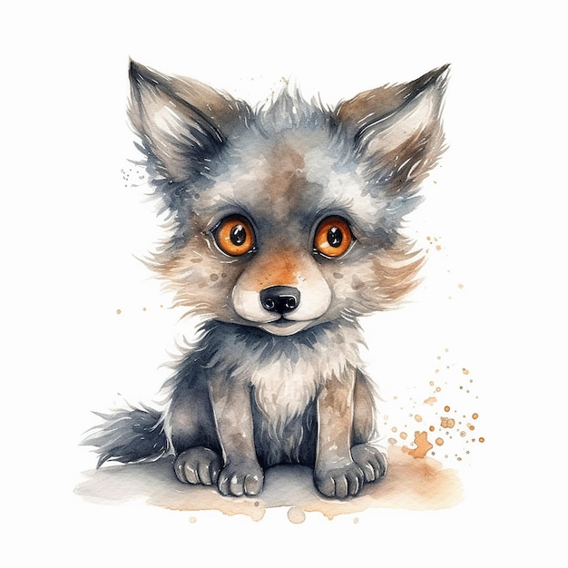 Ilustração em aquarela de um lobo fofo isolado no fundo branco