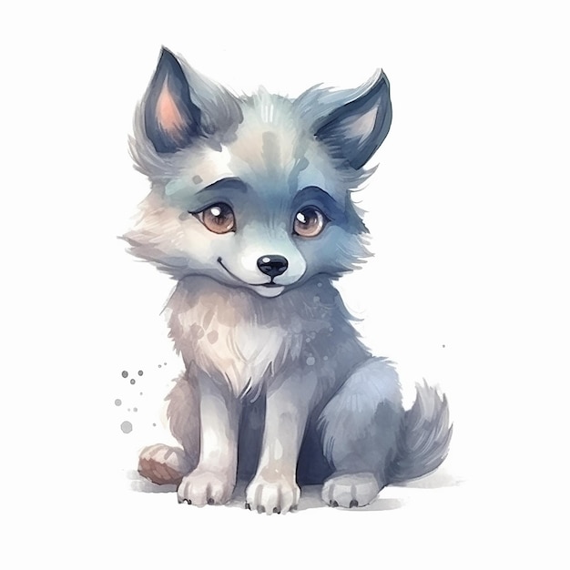 Ilustração em aquarela de um lobo fofo isolado no fundo branco