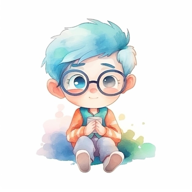 Ilustração em aquarela de um menino com cabelo azul e olhos azuis